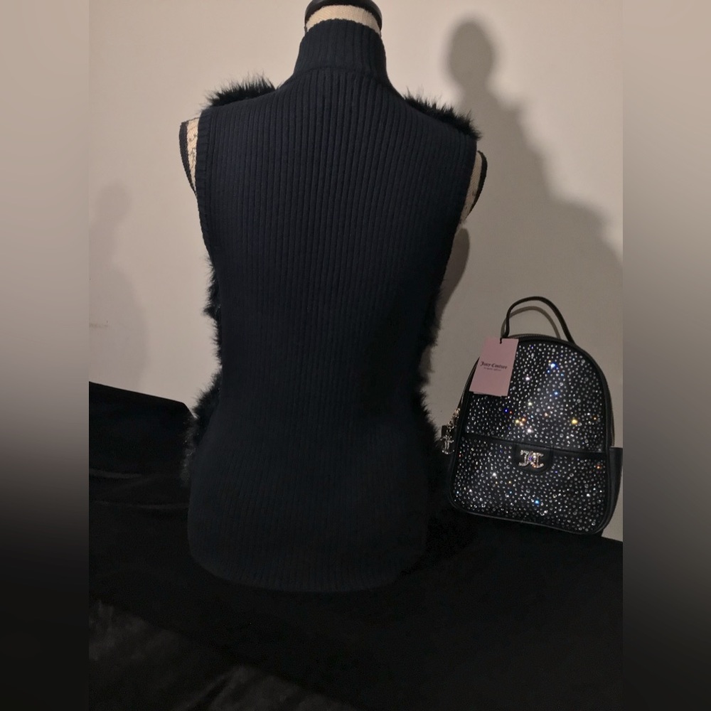 ‼️SOLD‼️Vintage Anne Klein Black Faux Fur Vest w/Knit Sweater Back-IMMACULATE!! - Picture 9 of 11